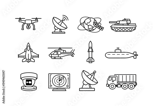 Defense surveillance systems: quadcopter drone, radar antenna dish, satellite orbit icon, armored tank vehicle, jet fighter aircraft, helicopter aircraft, missile rocket, submarine