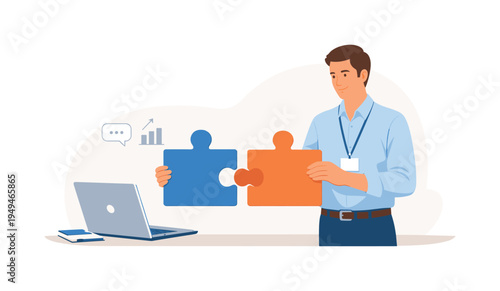 A professional strengthening collaboration in a modern digital workplace, visual metaphor of a calm worker standing beside a laptop while connecting two large puzzle pieces