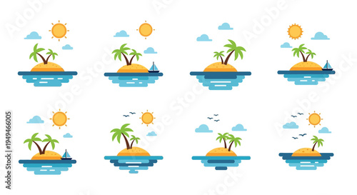 Tropical islands with palm trees suns and boats in a flat vector style