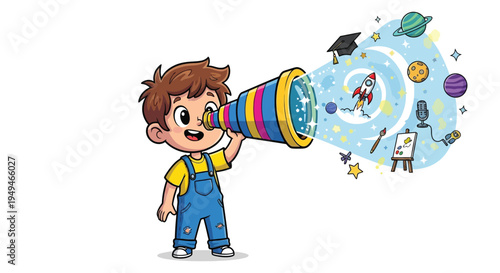 Excited cartoon boy looks through a colorful telescope visualizing future dreams and aspirations