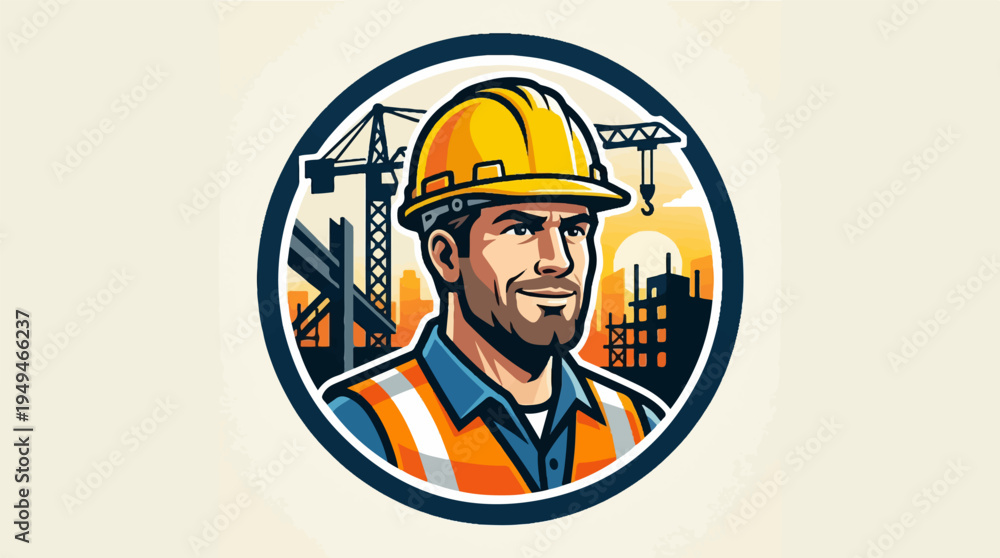 Fototapeta premium Confident Construction Worker in Hard Hat and Safety Vest Logo.
