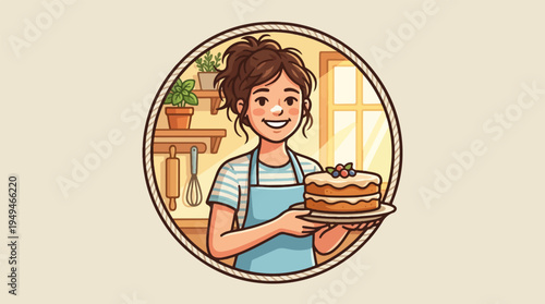 Smiling woman in apron holding a freshly baked cake showcasing her baking skills.
