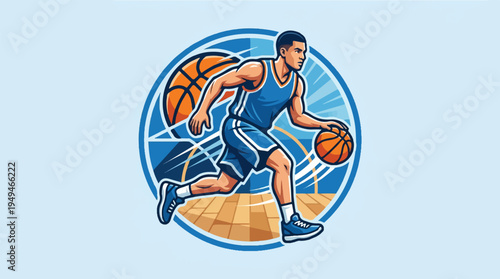 Dynamic Basketball Player Dribbling Ball on Court.