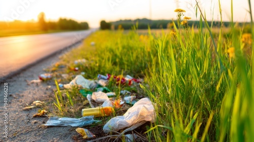 Litter Accumulates in Roadside Ditch Along Rural Sunset Landscape