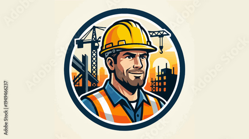 Confident Construction Worker in Hard Hat and Safety Vest Logo.