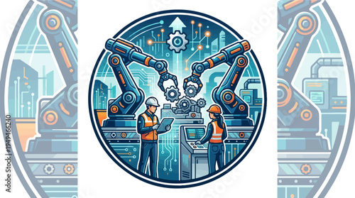 Engineers and robotic arms in a modern industrial setting.