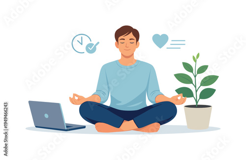 A professional developing healthy work habits to support long-term productivity and wellbeing, visual metaphor of a relaxed person sitting peacefully between a closed laptop and a