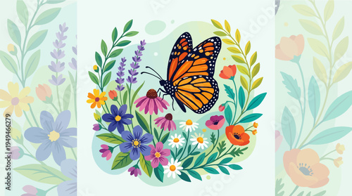 Vibrant Monarch Butterfly Amidst a Colorful Floral Garden Illustration.