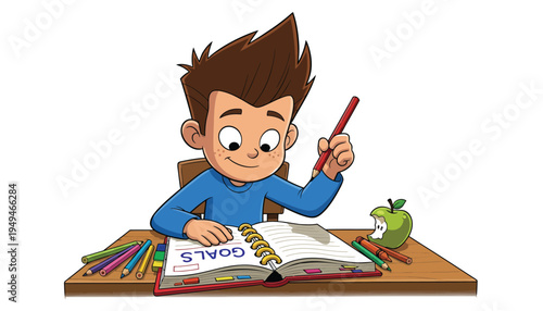 Cartoon boy happily writing down his important life goals in a colorful planner with pencils
