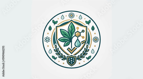 Cannabis Leaf and Droplet Emblem with Shield and Laurel Wreath.