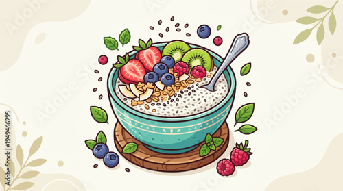 Delicious and Nutritious Oatmeal Bowl with Fresh Berries and Kiwi.