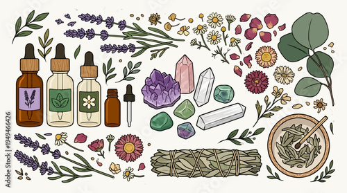 Holistic Wellness Collection with Essential Oils Crystals and Herbs.