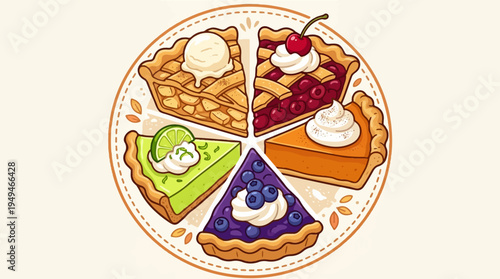 Five slices of delicious pie arranged in a circle on a white plate.