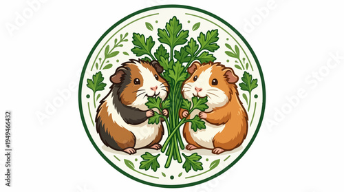 Two adorable guinea pigs enjoying fresh parsley leaves together.