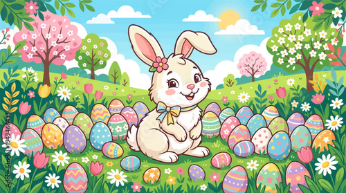 Cute Easter bunny surrounded by colorful decorated eggs.