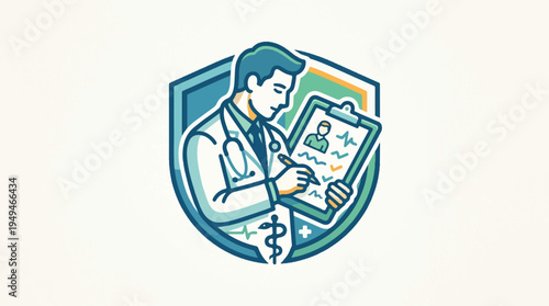 Doctor with Stethoscope and Clipboard Medical Shield Logo.