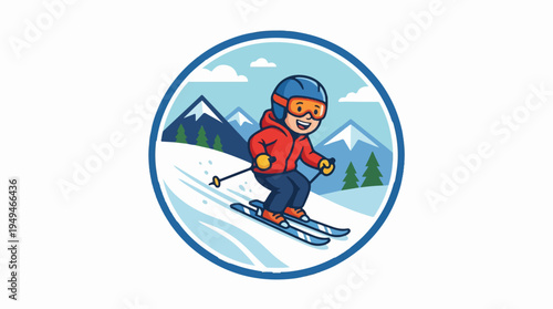 Cartoon skier in red jacket and blue helmet skiing down a snowy mountain slope.