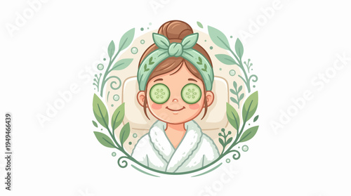 Cute cartoon girl enjoying a relaxing spa day with cucumber slices.