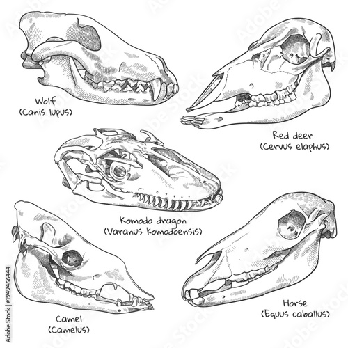 engraving etching animal skulls set