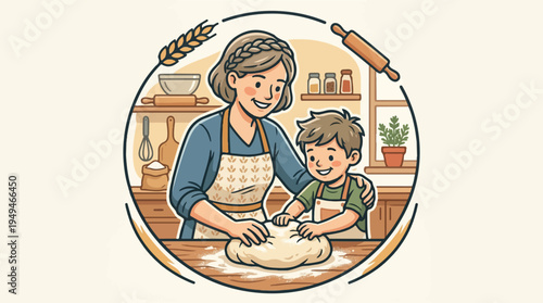 Mother and son baking together kneading dough with joy.