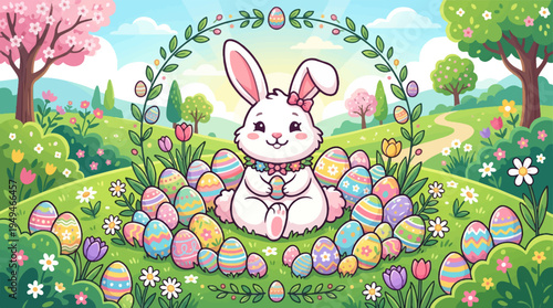Adorable Easter Bunny Surrounded by Colorful Eggs.