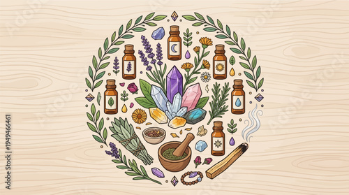Herbal medicine and crystal healing with essential oils and natural remedies.