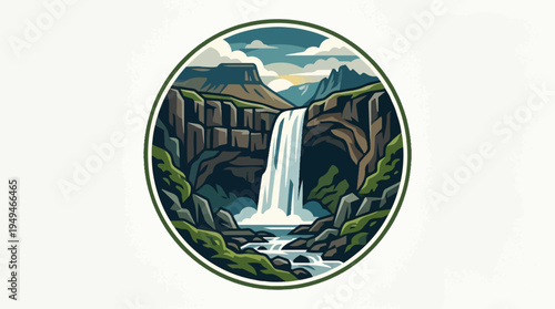 Majestic Waterfall Cascading Down Rocky Cliffs into a Serene River Below.