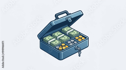 Open briefcase filled with stacks of money and coins.