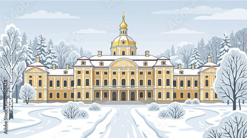 Grand Baroque Palace in Winter Landscape.
