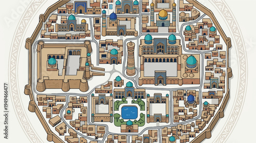 Detailed Isometric Map of an Ancient Middle Eastern City.