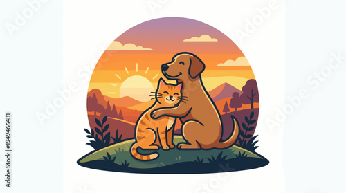 Dog and cat embracing in a heartwarming display of interspecies friendship.