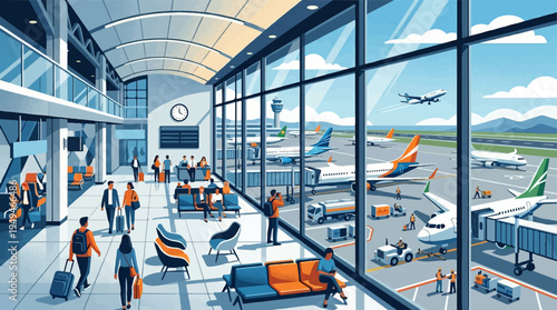 People walking and waiting in a modern airport terminal with airplanes visible outside.