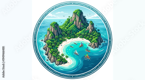 Tropical island paradise with lush green mountains and clear blue waters.