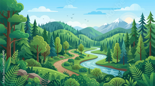 Lush Green Forest Landscape with Winding River and Path.