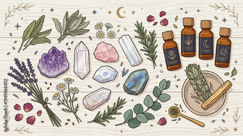 Collection of healing crystals herbs and essential oils for spiritual wellness.