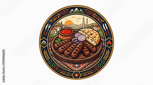 Traditional Balkan Cevapi Dish with Flatbread and Onions.