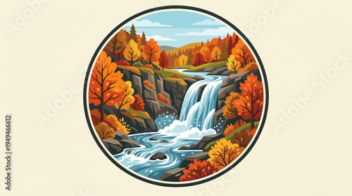 Vibrant Autumn Waterfall Landscape with Colorful Trees and Flowing Water.