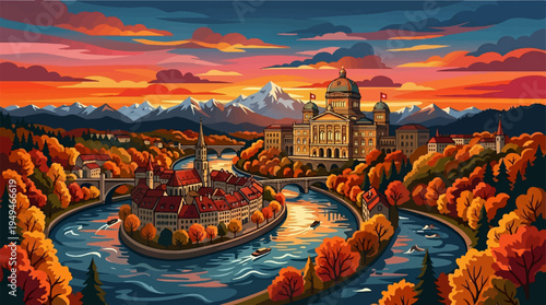 Bern cityscape with the Bundeshaus and Aare River in autumn.