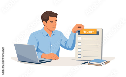 A professional calmly organizing daily responsibilities before starting focused work, visual metaphor of an office worker placing one highlighted task card onto the top of a simple