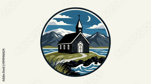 Black church on a hill overlooking water with mountains and moon.