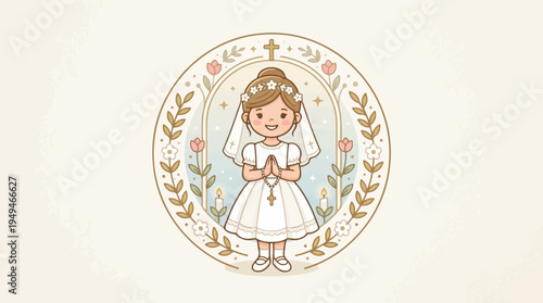 Young girl in white dress praying in a floral frame.