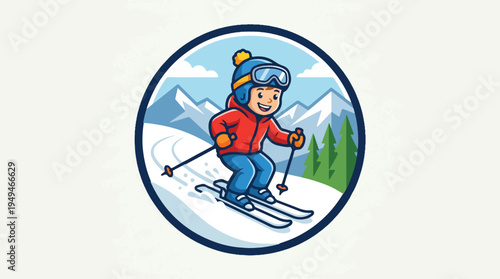 Happy young child skiing down a snowy mountain slope with poles.
