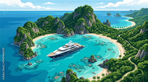 Luxury Yacht Anchored in a Secluded Tropical Bay.