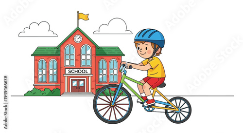 Happy cartoon boy safely rides his bicycle to school wearing a helmet in front of the building.