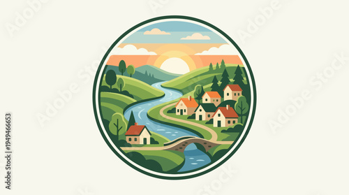 Charming village nestled by a winding river at sunset.