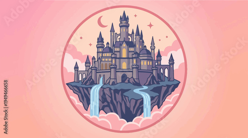 Fantasy Castle on Floating Island with Waterfalls and Clouds.