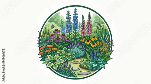 Vibrant circular garden illustration with diverse flora and a winding path.