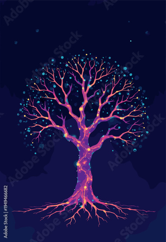 stylized graphic algorithmic neural network expanding like tree branches are digital circuit paths ending glowing dots Vibrant modern tech color palette Blank space