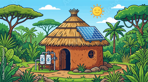 Traditional African Hut with Solar Panel and Water Filtration System.