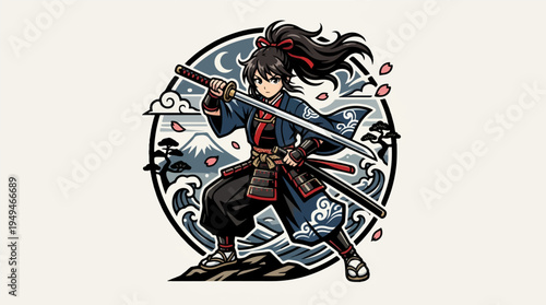 Dynamic Anime Samurai Warrior with Katana Sword.